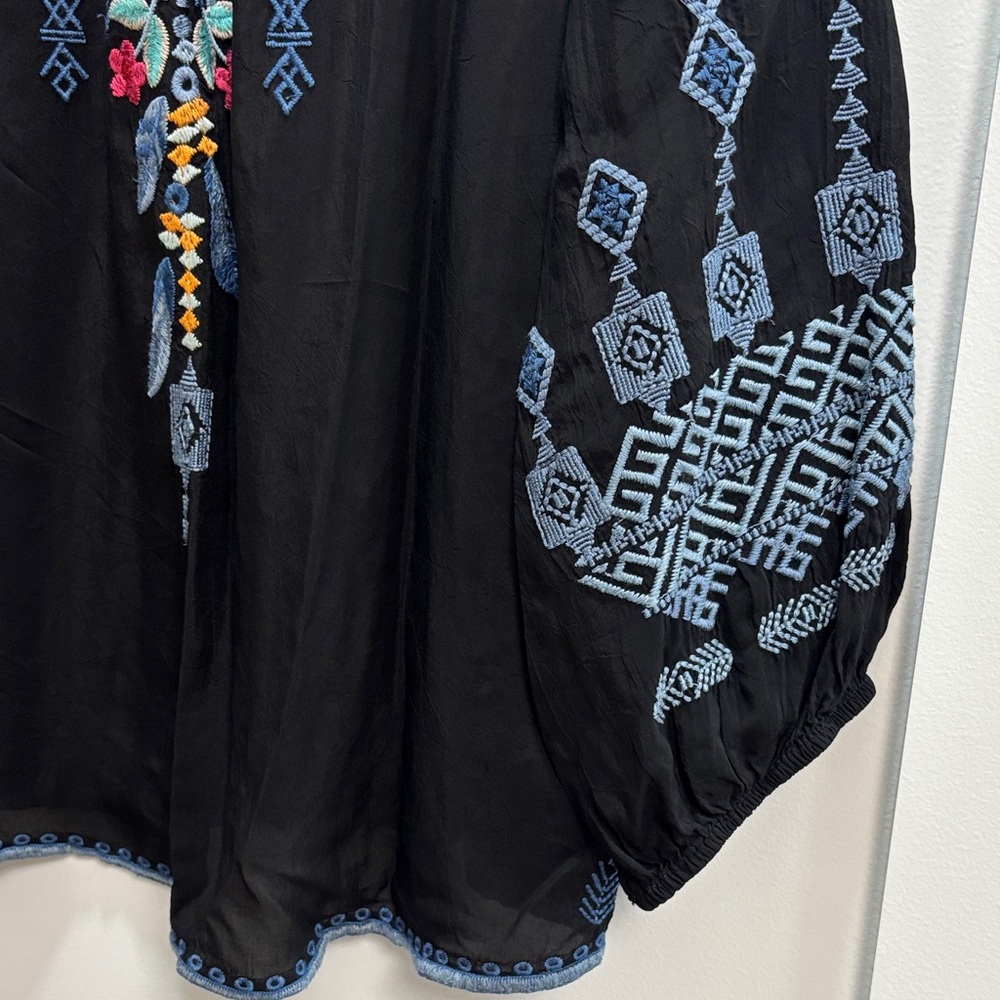 Johnny Was Black lightweight Blouse with Multicolor Embroidery XL tie at neck - Picture 7 of 15